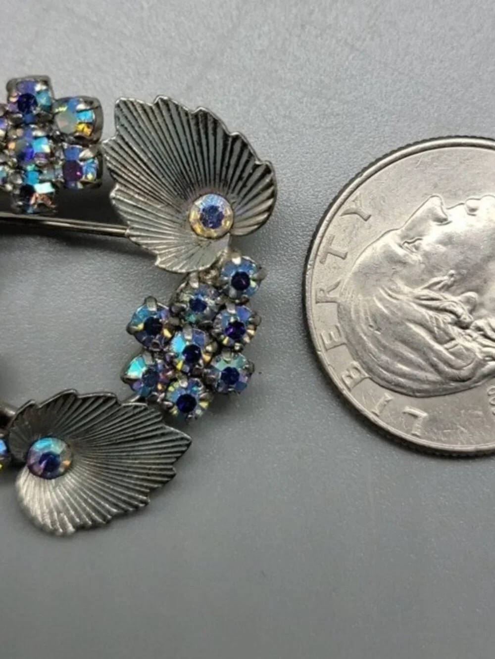 West Germany AB Rhinestone Leaf Brooch Textured Silver Tone Pin Vintage